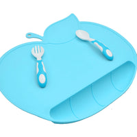 Little Green Blue Apple Silicone Placemat Plate with spoon and fork 