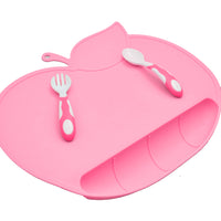 Little Green Pink Apple Silicone Placemat Plate with spoon and fork